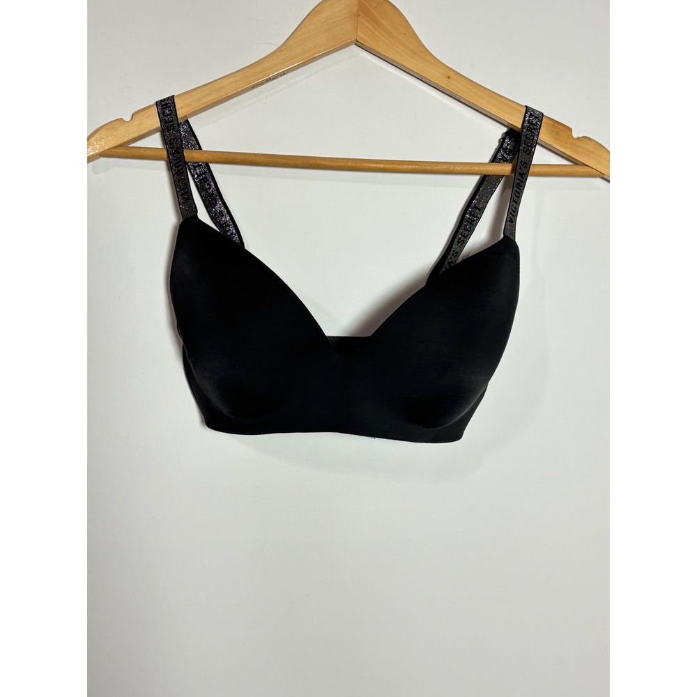 Victoria's Secret Very Sexy Logo Shine Sparkle Strap Black T-Shirt Bra Size 32DD